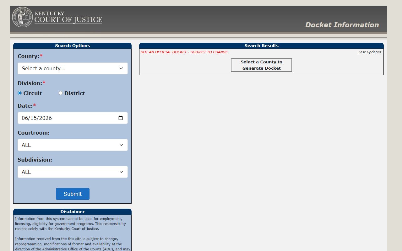 Muhlenberg County court docket search fields after a jail arrest